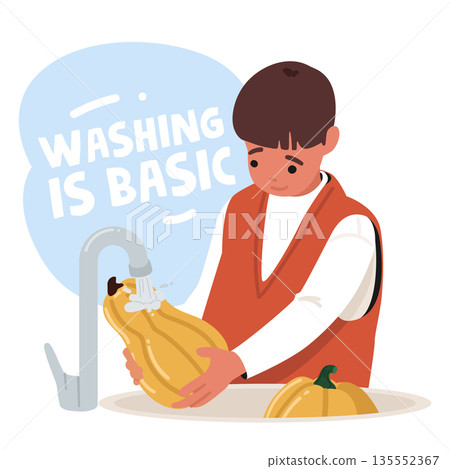 Preteen boy child cartoon character rinsing pumpkins under water in sink learning about food hygiene 135552367
