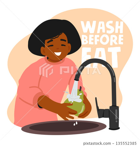 Preteen girl standing at kitchen sink, carefully washing fresh green pear fruit under running water Preteen girl standing at kitchen sink, carefully washing fresh green pear fruit under running water 135552385