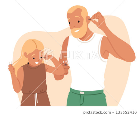 Father and daughter cartoon characters cleaning ears with cotton swabs hygiene routine scene 135552410