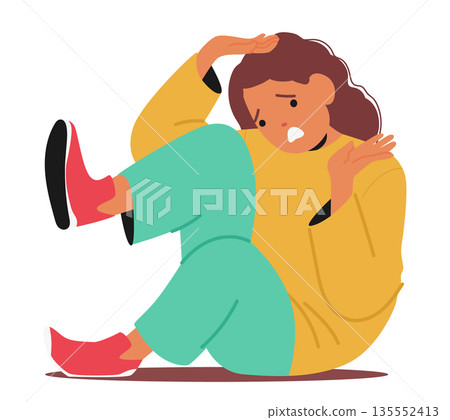 Scared preteen girl cartoon character in defensive position trying to struggle with panic attack 135552413