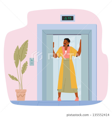 Terrified woman cartoon character with panic attack suffering from claustrophobia inside elevator Terrified woman cartoon character with panic attack suffering from claustrophobia inside elevator 135552414