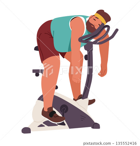Funny man cartoon character feeling exhausted and falling asleep on stationary bike while training 135552416