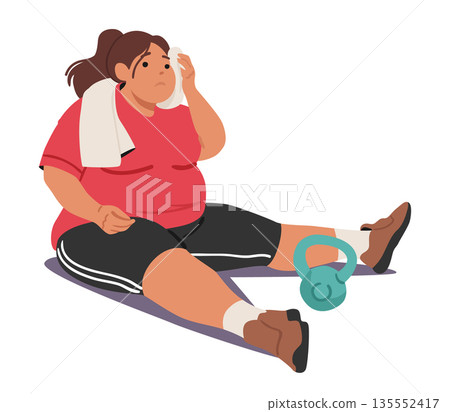 Overweight woman wiping forehead from sweat sitting on fitness mat taking break during workout Overweight woman wiping forehead from sweat sitting on fitness mat taking break during workout 135552417