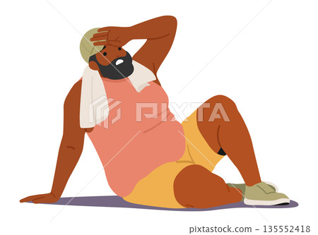 Fat man cartoon character feeling breathless sitting exhausted on floor after grueling workout 135552418