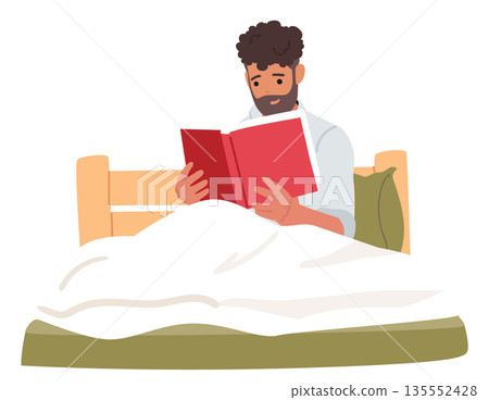Interested man cartoon character reading paper book enjoying literature hobby while relaxing in bed 135552428