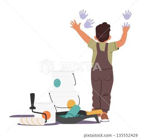 Cheerful boy child cartoon character putting colorful palms traces on wall during home renovation 135552429