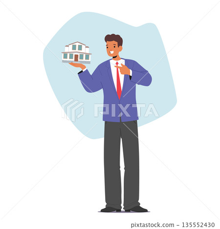 Man real estate agent presenting property model of residential house promoting special sale offer Man real estate agent presenting property model of residential house promoting special sale offer 135552430