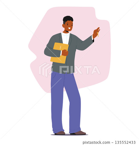 Relator male cartoon character giving key and contract for singing offering profitable ownership 135552433