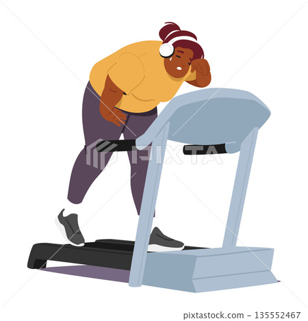 Overweight woman cartoon character running on treadmill with determined but exhausted expression Overweight woman cartoon character running on treadmill with determined but exhausted expression 135552467