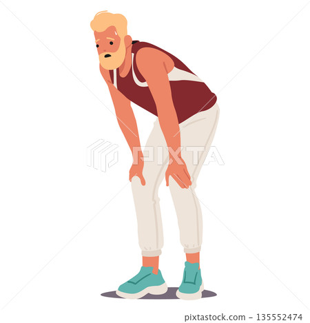 Tired sportive mature man runner character feeling heavy breathing after jogging training routine 135552474
