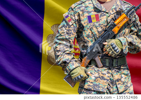 Andorra flag with soldier holding assault rifle Andorra flag with soldier holding assault rifle 135552486