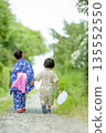 Back view of a brother and sister walking in yukata 135552550