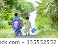 Back view of a brother and sister walking in yukata 135552552