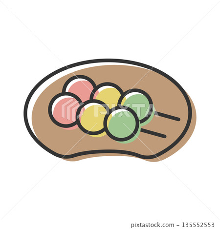 Illustration of a simple Japanese sweet of three-colored dumplings on a plate Illustration of a simple Japanese sweet of three-colored dumplings on a plate 135552553
