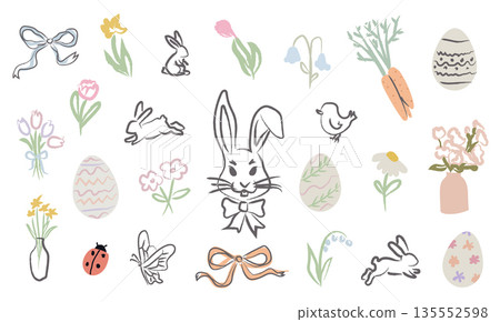 Hand drawn Easter collection with bunny, rabbits, eggs, spring flowers and bows. Whimsical pastel elements for holiday cards, decorations, invitations. Cute vintage sketch style isolated illustrations Hand drawn Easter collection with bunny, rabbits, eggs, spring flowers and bows. Whimsical pastel elements for holiday cards, decorations, invitations. Cute vintage sketch style isolated illustrations 135552598