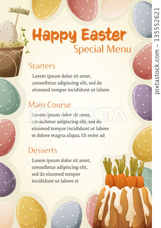 Happy Easter menu template with colorful eggs and festive dessert Happy Easter menu template with colorful eggs and festive dessert 135552621