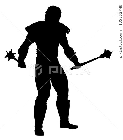 Silhouette of Warrior Wielding Dual Spiked Maces Silhouette of Warrior Wielding Dual Spiked Maces 135552749