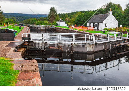 Cullochy Lock gates on Caledonian Canal Scotland Cullochy Lock gates on Caledonian Canal Scotland 135552822