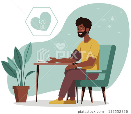 Dark Skinned Man Measuring Blood Pressure at Home Dark Skinned Man Measuring Blood Pressure at Home 135552856