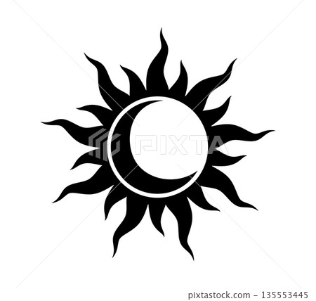 Tribal sun and moon symbol. Tattoo design. Star graphic geometric shape. Mystic black sun icon. Traditional ethnic art design element. Vector illustration isolated on white background Tribal sun and moon symbol. Tattoo design. Star graphic geometric shape. Mystic black sun icon. Traditional ethnic art design element. Vector illustration isolated on white background 135553445