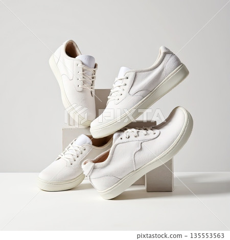 Stylish White Sneakers on Display with Minimalist Background Stylish White Sneakers on Display with Minimalist Background 135553563