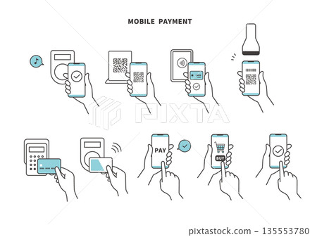 Simple line drawing illustration set for smartphone payment, QR code, and touch payment (blue) Simple line drawing illustration set for smartphone payment, QR code, and touch payment (blue) 135553780