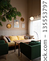 Cozy corner of modern cafe decorated by pastel color furnitures and artificial tree. 135553797