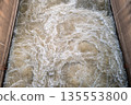 Bird eyes view over the powerfull water stream behind the floodgate. 135553800