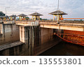 Behind the floodgates of small dam closed to protect the water flowing through. 135553801