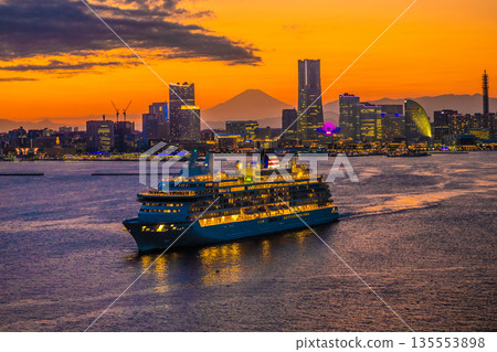View of the Yokohama cityscape in Japan, including Asuka III, Mount Fuji, Kannai town, and Minato Mirai View of the Yokohama cityscape in Japan, including Asuka III, Mount Fuji, Kannai town, and Minato Mirai 135553898