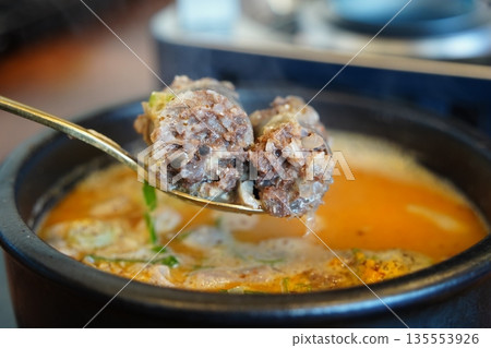 Hearty Korean Sundae Guk with Intestines and Spicy Broth Hearty Korean Sundae Guk with Intestines and Spicy Broth 135553926