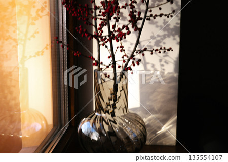 Minimalist interior still life featuring a transparent glass vase with red berry branches placed on a windowsill. A play of shadows and light on wall. Minimalist interior still life featuring a transparent glass vase with red berry branches placed on a windowsill. A play of shadows and light on wall. 135554107