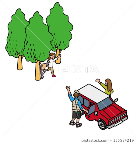 描繪一家人享受戶外時光的人物和汽車插圖素材 135554219