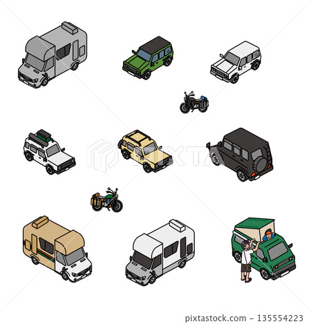 Illustration set of cars and motorcycles that can be used for outdoor and travel scenes 135554223
