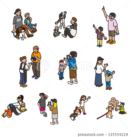 A set of illustrations of people and dogs depicting various scenes of everyday life 135554229