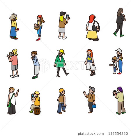 一組可用於日常場景的各種女性角色插圖。 135554230