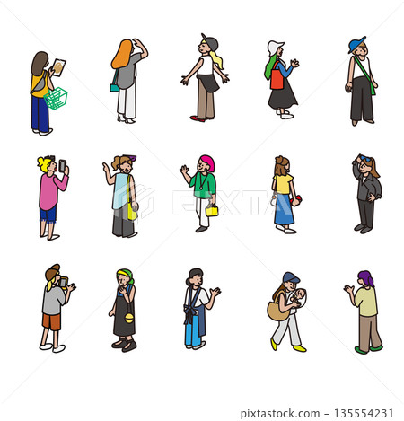 A set of various female character illustrations that can be used for outings and walking around town scenes 135554231