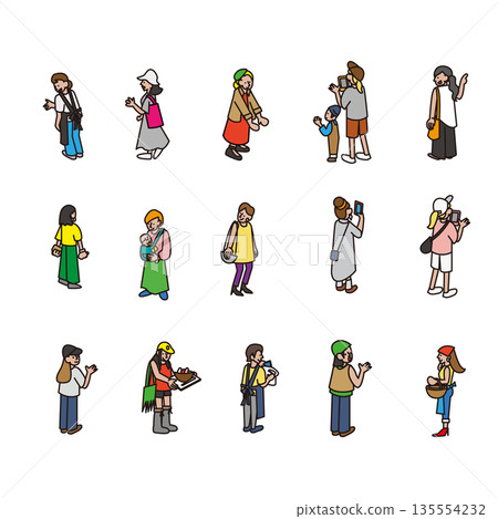 A set of illustrations of women doing various everyday activities A set of illustrations of women doing various everyday activities 135554232