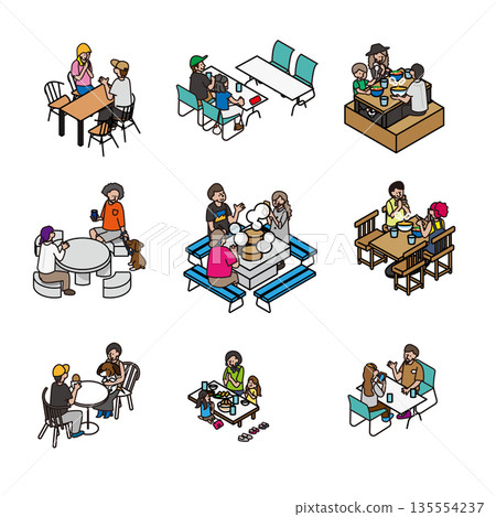 一組描繪人們圍坐在餐桌旁用餐和交談的日常場景的插畫。 135554237