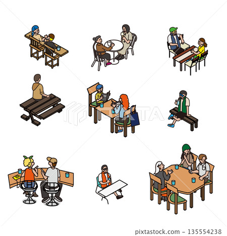 Illustration set of people sitting at tables and benches, resting and talking scenes 135554238