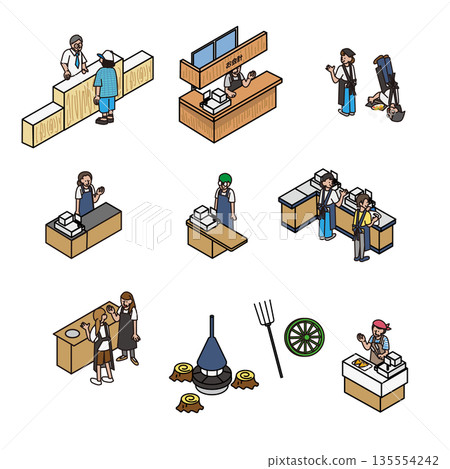一組插圖,描繪了商店店員和顧客在收銀台或櫃檯為顧客服務。 一組插圖,描繪了商店店員和顧客在收銀台或櫃檯為顧客服務。 135554242