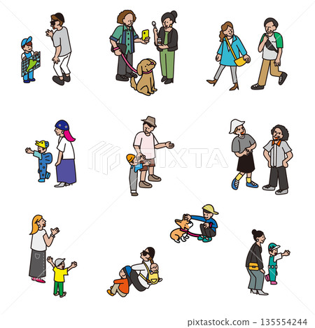 A set of illustrations depicting various communication scenes in everyday life 135554244