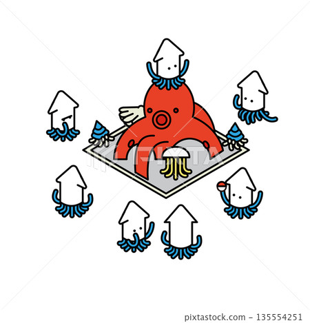 可愛的章魚和魷魚角色插圖 135554251