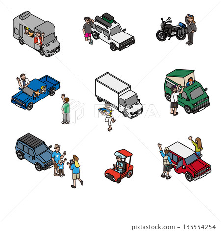 一套可用於戶外場景的汽車和人物插圖 一套可用於戶外場景的汽車和人物插圖 135554254