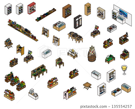 商店和銷售區使用的各種固定裝置和展示架的插圖集 135554257
