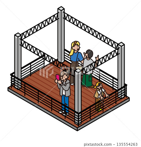 描繪人們在戶外觀景台或舞台上消磨時光的插圖 135554263