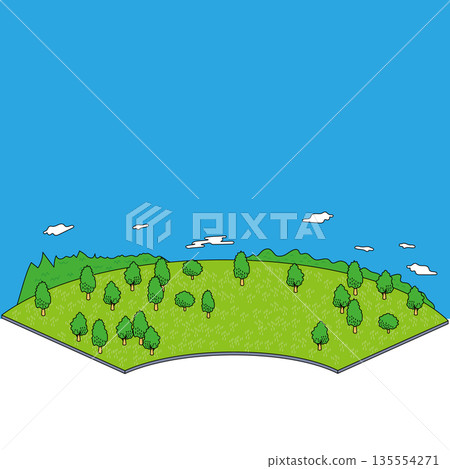 以丘陵和樹木為背景的自然景觀插圖。 135554271
