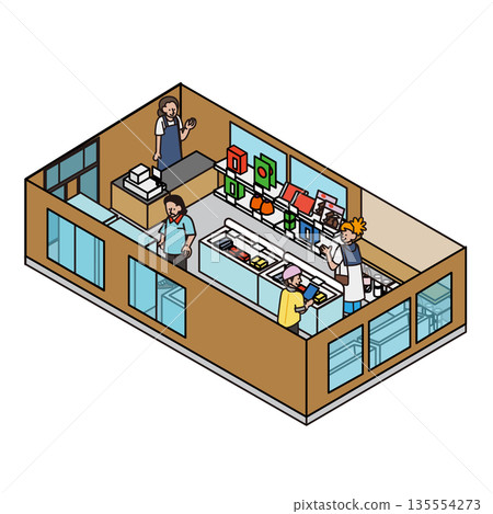 Illustration material of people serving customers and shopping at shops and cafes in tourist facilities Illustration material of people serving customers and shopping at shops and cafes in tourist facilities 135554273