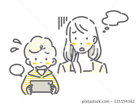 一位母親擔心孩子使用智慧型手機——一幅簡潔時尚的線條畫 135554382