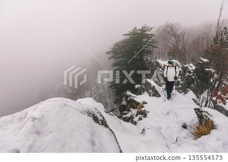 Man Tourist Hiking in Winter Mountain Landscape 135554573